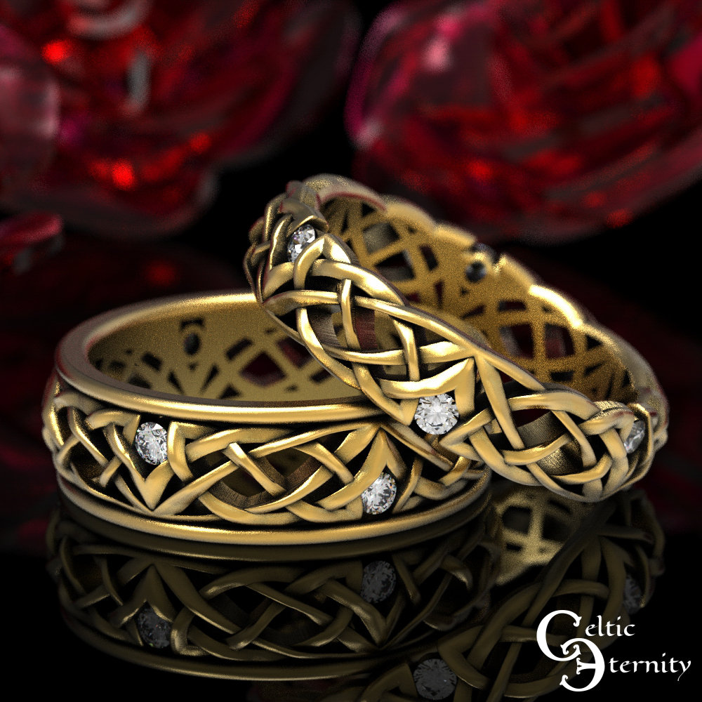 Gold & Moissanite, Passendes Ehering-Set, Goldene Eheringe, Goldenes Seine Ihr Goldringe, 1505 1506 von CelticEternity