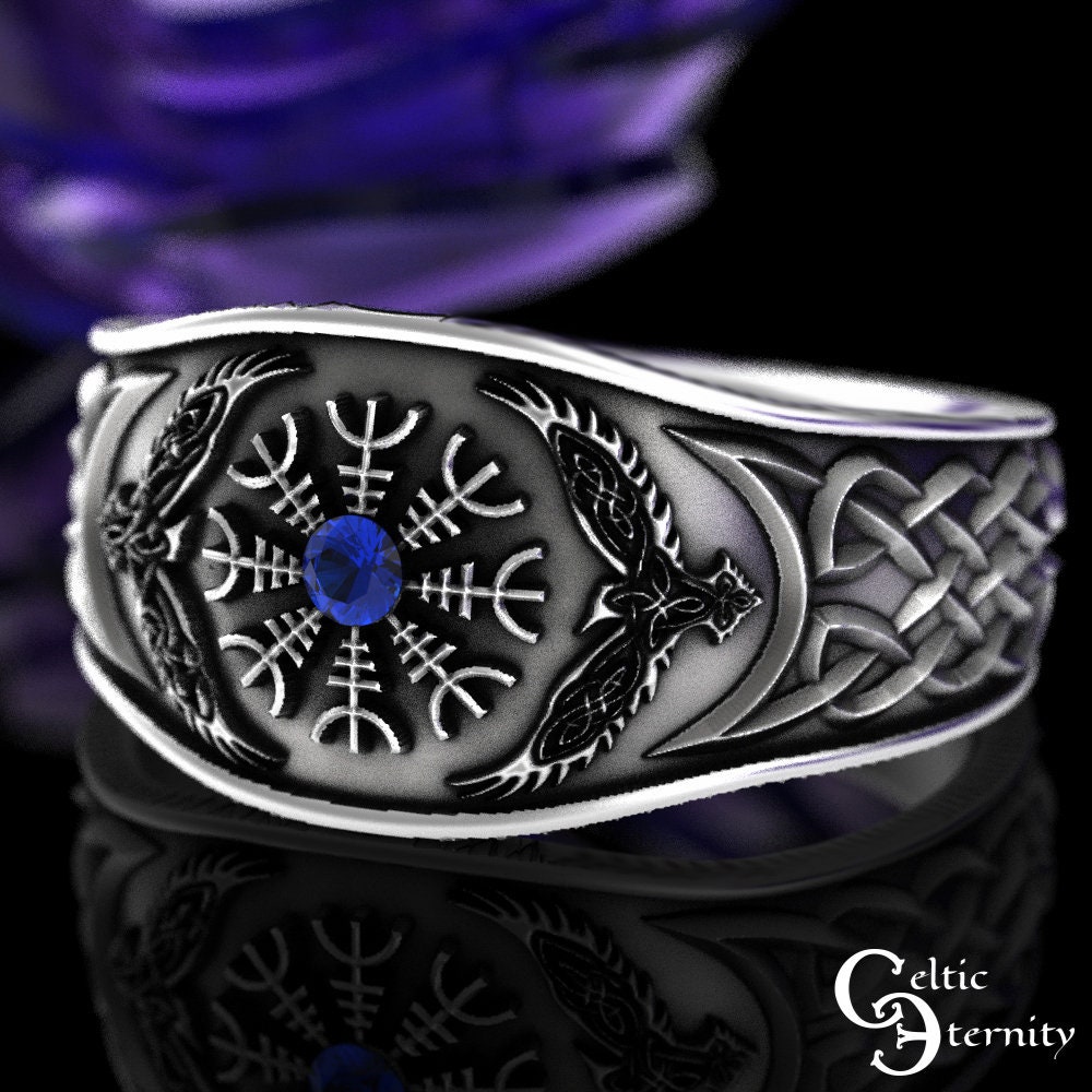 sterling Silberring Helm Der Ehrfurcht, Saphir Ring, Herrenring, Rabenring, Ehering, Rabe, 3019 von CelticEternity