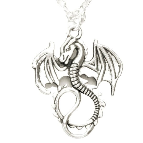 Aufsteigende Silberfarbene Geflügelte Drachenhalskette | 280 von CelticMinkJewelry