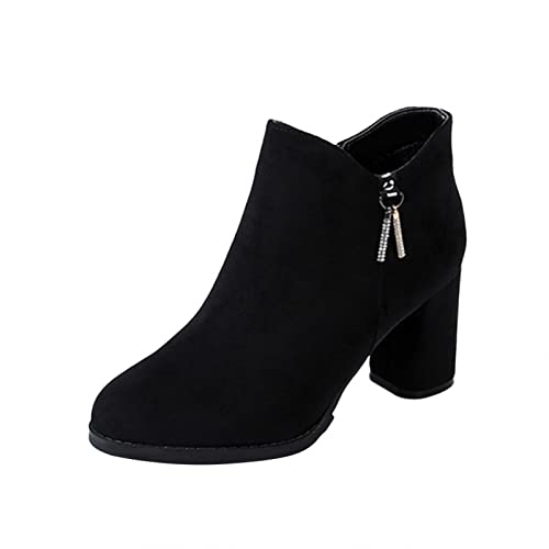 Ankle-Boots Damen Stiefeletten Spitze Blockabsatz Kurzstiefel mit Reissverschluss, Frauen Wildleder Winter Schuhe Elegant Stiefel Bequem Halbstiefel Celucke (Schwarz, 39 EU) von Celucke Damenschuhe