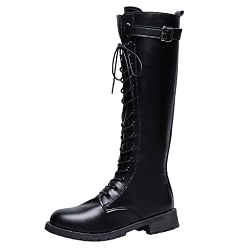 Bikerstiefel Damen Schnürstiefel Kniehohe Stiefel Flache Schnürboots mit Schnalle und Reissverschluss, Frauen Winterstiefel Bequem Langschaftstiefel Winter Warme Damenschuhe Celucke (Schwarz, 36) von Celucke Damenschuhe