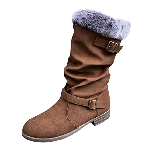 Celucke Stiefeletten Damen Ankle Boots mit Schnalle Retro Lederstiefel Reißverschluss Winter Warm Mittelrohr Schneestiefel Rundkopf Stiefel Damenschuhe von Celucke Damenschuhe