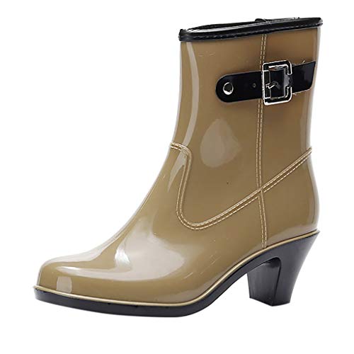 Damen Gummistiefel Kurze Regenstiefel mit Blockabsatz und Seitliches Schnallen-Detail, Frauen Regenschuhe Kurzschaft Stiefel wasserdichte Gummistiefeletten Celucke (Gelb, 39 EU) von Celucke Damenschuhe