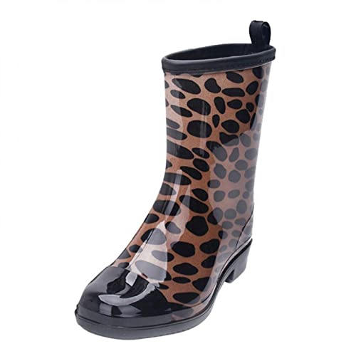 Damen Gummistiefel Kurzschaft Regenstiefel mit Blockabsatz und Leopardenmuster, Kurze Stiefel Bequeme Regenschuhe wasserdichte Gummistiefeletten Celucke (Gelb, 39 EU) von Celucke Damenschuhe