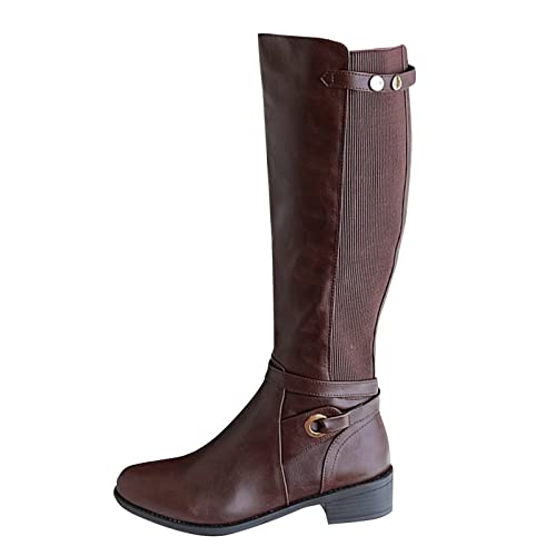 Hohe Stiefel Damen Vintage Bikerstiefel Flache Winterstiefel mit Reissverschluss und Schnalle, Frauen Winterboots Langschaftstiefel Elegante Schuhe Winter Damenschuhe Celucke (Braun, 39) von Celucke Damenschuhe