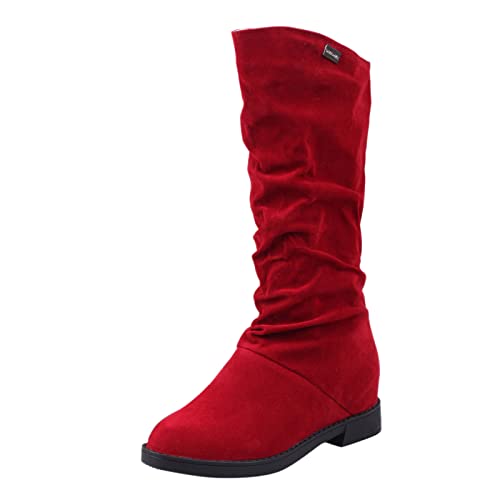 Hohe Stiefel Damen Wildleder Winterstiefel mit Keilabsatz und Schnalle, Frauen Winterboots Langschaftstiefel Bequem Winter Warme Damenschuhe Celucke (Rot, 38 EU) von Celucke Damenschuhe