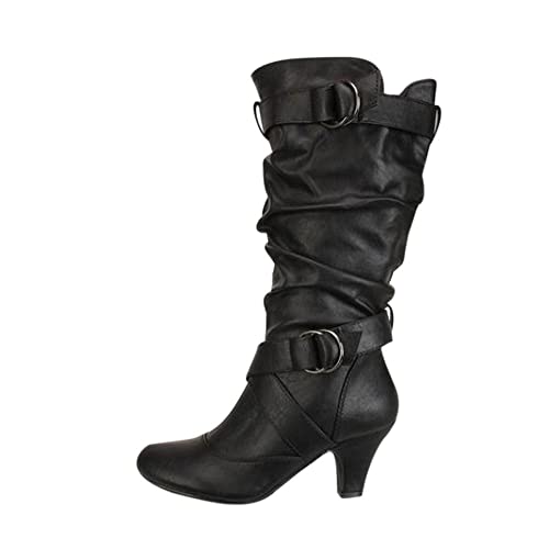 Hohe Stiefel Damen Winterstiefel mit Reissverschluss und Schnalle, Frauen Langschaftstiefel Blockabsatz Lang Boots Elegante Schuhe Winter Warme Damenschuhe Celucke von Celucke Damenschuhe