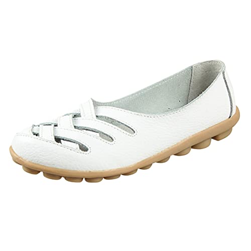 Klassische Slipper Damen Mokassins Flache Loafer Leder Casual Schuhe Bequeme Leichte Atmungsaktiv Halbschuhe Celucke (Weiß, 40 EU) von Celucke Damenschuhe