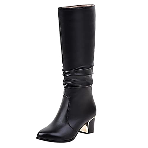 Langschaftstiefel Damen High Heels Stiefel Lack mit Reissverschluss und Blockabsatz, Frauen Bikerstiefel Winter Damenschuhe Lang Boots Elegante Schuhe Celucke (Schwarz, 36) von Celucke Damenschuhe