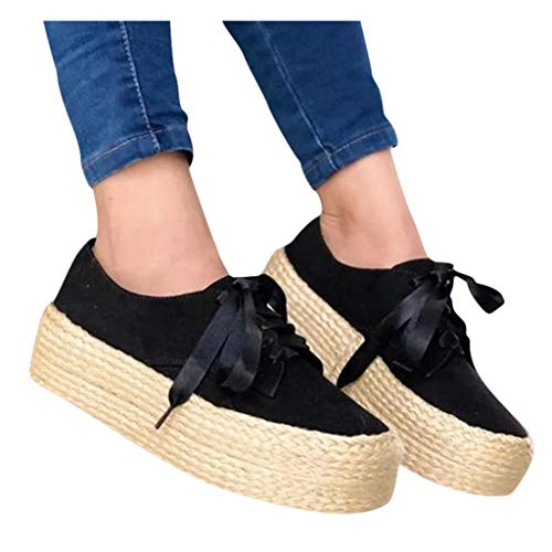 Mokassins Damen Espadrilles mit Plateausohle Frauen Flache Loafer Fransen Slipper Casual Slip On Leichte Atmungsaktiv Halbschuhe Bequeme Freizeitschuhe Celucke (Schwarz, 38 EU) von Celucke Damenschuhe