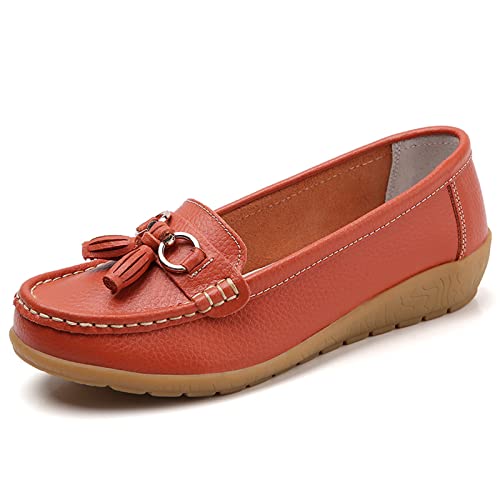 Mokassins Damen Keilabsatz Klassische Loafer Leder Fahren Schuhe Halbschuhe Elegante Slipper Bootsschuhe Bequeme Leichte Atmungsaktiv Freizeitschuhe Celucke (Orange, 38 EU) von Celucke Damenschuhe