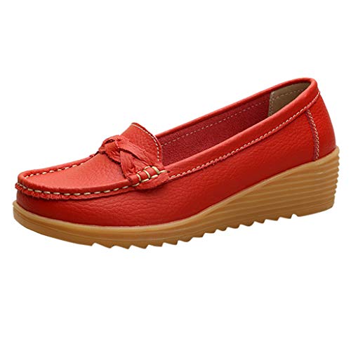 Mokassins Damen Keilabsatz Klassische Loafer Leder Fahren Schuhe Halbschuhe Elegante Slipper Bootsschuhe Bequeme Leichte Atmungsaktiv Freizeitschuhe Celucke (Rot, 35 EU) von Celucke Damenschuhe