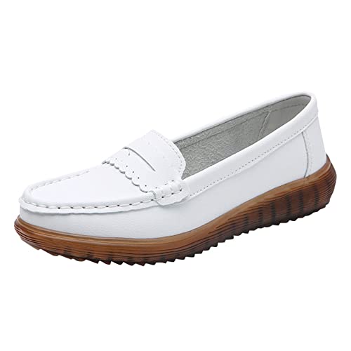 Mokassins Damen Keilabsatz Klassische Loafer Leder Fahren Schuhe Halbschuhe Elegante Slipper Bootsschuhe Bequeme Leichte Atmungsaktiv Freizeitschuhe Celucke (Weiß, 35 EU) von Celucke Damenschuhe