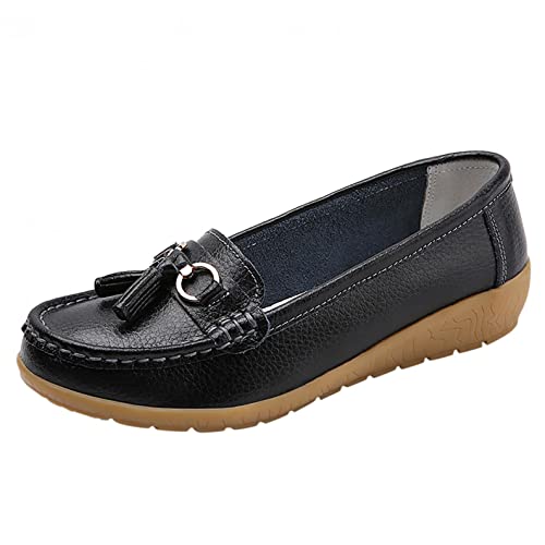 Mokassins Damen Leder Loafer Flache Fahren Halbschuhe Frauen Elegante Slipper Bequeme Leichte Bootsschuhe Atmungsaktiv Casual Schuhe Celucke (Schwarz, 39 EU) von Celucke Damenschuhe