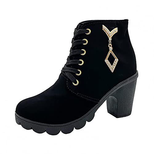 Schnürstiefel Damen Stiefeletten Gefüttert Winterstiefel Plateausohle Ankle-Boots mit Schnalle und Blockabsatz, Frauen Winter Warm Robuste Stiefel Mode Elegant Halbstiefel Celucke (Schwarz, 39 EU) von Celucke Damenschuhe