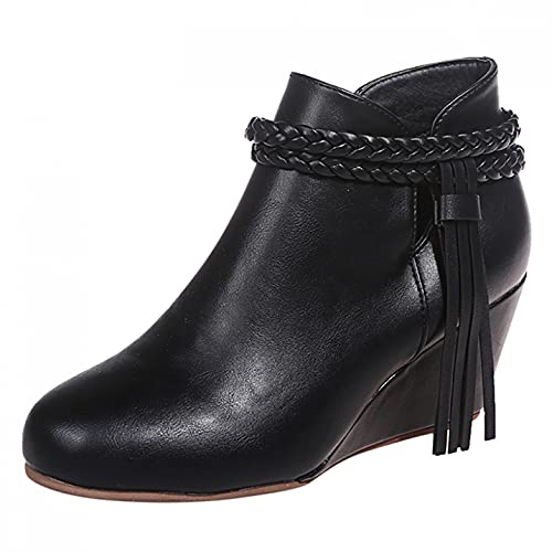 Stiefeletten Damen Ankle Boots mit Keilabsatz, Wildleder Fransen Stiefel Frauen Winterstiefel Bequem Elegant Westernstiefel Herbst Winter Damenschuhe Celucke (Schwarz, 40 EU) von Celucke Damenschuhe