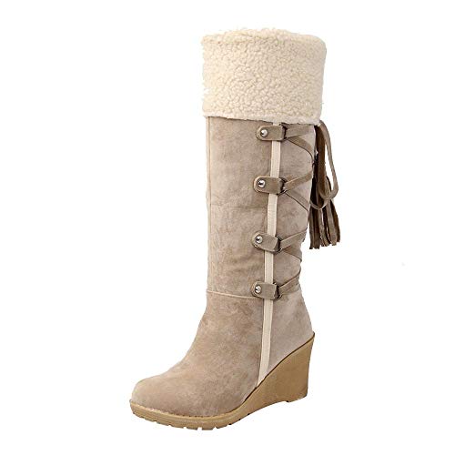 Winterstiefel Gefüttert Damen Hohe Stiefel Vintage Wildleder Winterboots mit Keilabsatz und Schnürung, Frauen Winter Langschaftstiefel Bequem Warme Damenschuhe Celucke (Beige, 36 EU) von Celucke Damenschuhe