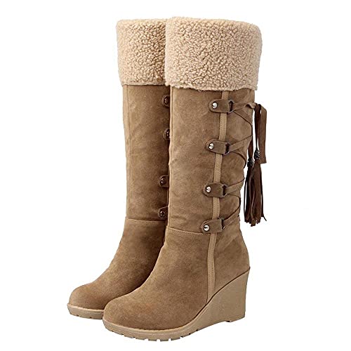 Winterstiefel Gefüttert Damen Hohe Stiefel Vintage Wildleder Winterboots mit Keilabsatz und Schnürung, Frauen Winter Langschaftstiefel Bequem Warme Damenschuhe Celucke (Gelb, 40 EU) von Celucke Damenschuhe