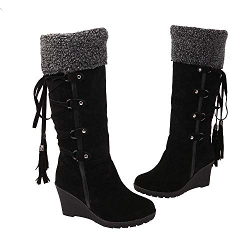 Winterstiefel Gefüttert Damen Hohe Stiefel Vintage Wildleder Winterboots mit Keilabsatz und Schnürung, Frauen Winter Langschaftstiefel Bequem Warme Damenschuhe Celucke (Schwarz, 35 EU) von Celucke Damenschuhe