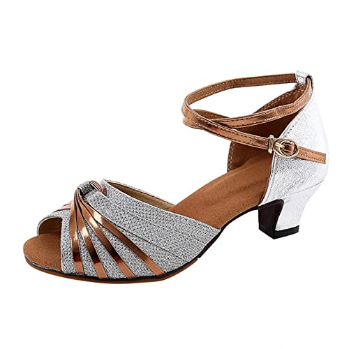 Celucke Damen Sandalen Glänzende Tanzschuhe Sandaletten Sandalette mit Blockabsatz High Heel Lateinische Damensandalen Open Toe Freizeitschuhe Sommerschuhe Elegante Abendschuh von Celucke Sandalette