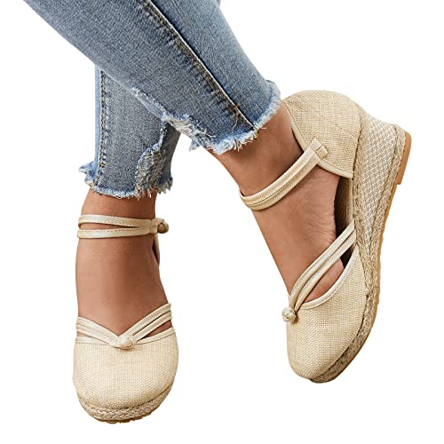 Celucke Espadrilles für Damen Keilabsatz Damenschuhe Sandalen Leinenschnalle Damensandalen Atmungsaktive Leinenhausschuhe Plateau Geschlossene Espandrillos Sommerschuhe von Celucke Sandalette