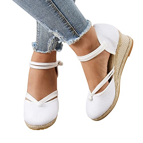 Celucke Espadrilles für Damen Keilabsatz Damenschuhe Sandalen Leinenschnalle Damensandalen Atmungsaktive Leinenhausschuhe Plateau Geschlossene Espandrillos Sommerschuhe von Celucke Sandalette