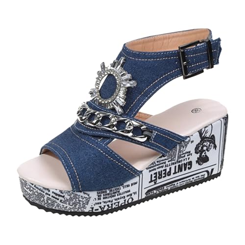 Celucke Keilsandalen Damen Denim Sandalen Keilabsatz Sandalette Dicken Sohlen Damenschuhe Fischmaul Leichte Bequeme Sandalen Plateau High-Heels Sandals Damenschuhe von Celucke Sandalette