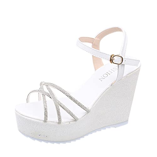 Celucke Sandalette Sandalen Damen Böhmen Keilsandalen Sommer Peep Toe Sandaletten Plateau High Heel Schuhe Strandsandalen Sommerschuhe Strand Sandale Damenschuhe Frauen Shoes, Weiß, 39 EU von Celucke Sandalette