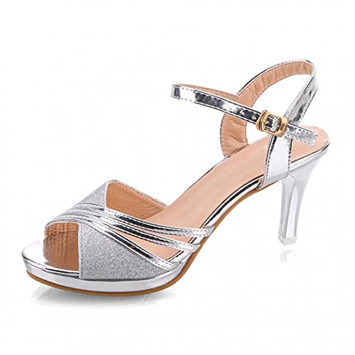 Celucke Sandalette Sandalen Damen High Heels Sommer Tanzschuhe Sandaletten Peep Toe Elegante Glänzende Dance Schuhe Latein Sandale Frauen Damenschuhe Standard Party Hochzeit, Silber, 37 EU von Celucke Sandalette