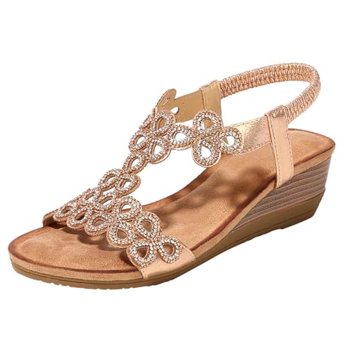 Celucke Sandalen Damen Sommer Bohemian Keilsandalen mit Strasssteinen Schuhe Damensandalen Glitzer Sandalette Sommerschuhe Komfortable Frauen Strandsandaletten von Celucke Sandalette