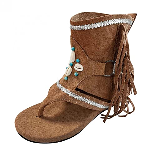 Celucke Sandalette Zehentrenner Damen Sandalen mit Fransen Sommer Sandaletten Flip Flops Vintage-Zapfen Peep Toe römische Schuhe Sandale Frauen Strandsandalen, Braun, 40 EU von Celucke Sandalette