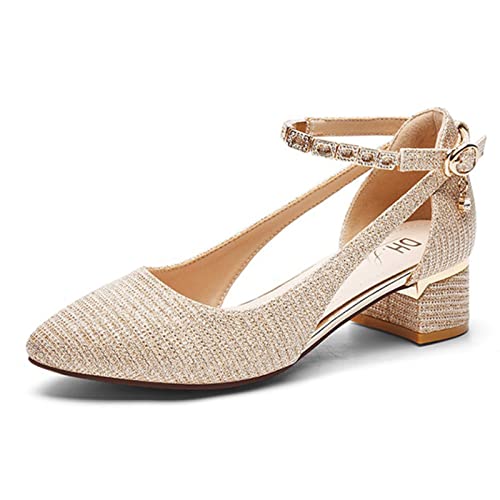 Celucke Sandalette Celucke - Pumps Damen 16 Spangenpumps Spitze Zehe High Heels Sandaletten mit Blockabsatz Damenschuhe Elegante Geschlossen Sommerschuhe Absatzschuhe Freizeit 38 EU, Gold von Celucke Sandalette