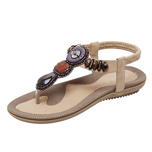 Damen Bohemian Flache Sandalen Boho Zehentrenner Strass, Frauen Flip Flops Sommer Strand Urlaub Outdoor Bequeme Zehenstegsandalen Schöne Sommerschuhe Celucke (Beige, EU40) von Celucke Sandalette