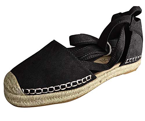 Damen Espadrilles mit Bändern zum Schnüren, Klassische Flache Sandalen Sommer Strand Elegante Sandaletten Schöne Sommerschuhe Celucke (Schwarz, EU43) von Celucke Sandalette