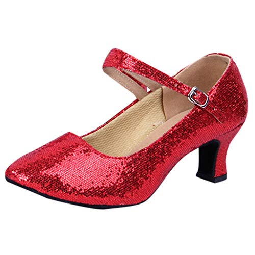Damen Pumps Standard Latein Tanzschuhe Brautschuhe Elegante Schuhe Basic Absatzschuhe Frühling Mittelhohe Weicher Boden Atmungsaktiv Schlüpfen 3 Farben (Rot, EU38) von Celucke Sandalette