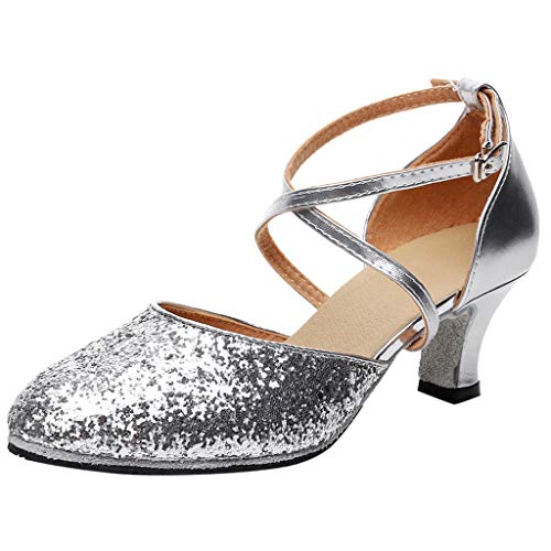 Damen Pumps Standard Latein Tanzschuhe Brautschuhe Mittelhohe Knöchelriemen Weicher Boden Atmungsaktiv Schlüpfen, Basic Absatzschuhe Frühling Elegante Schuhe (Silber, EU37) von Celucke Sandalette