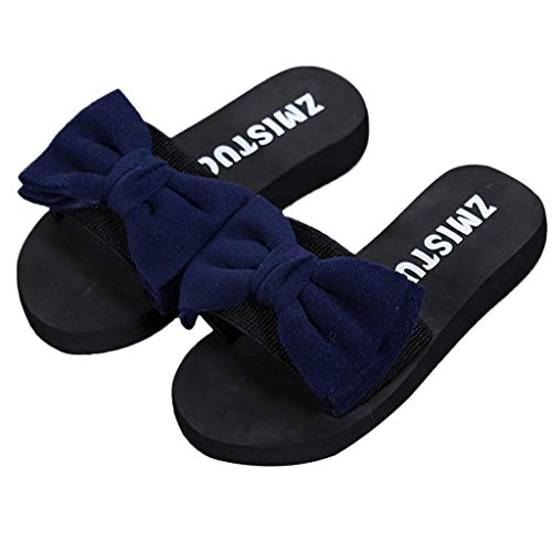 Damen Slider Flache Hausschuhe mit Schleife, Sommer Plateau Strandpantolette Bequeme Sandalen für Urlaub Strand Celucke (Blau, EU39) von Celucke Sandalette