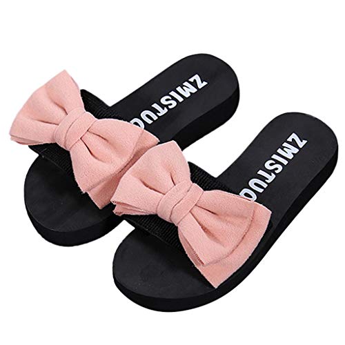 Damen Slider Flache Hausschuhe mit Schleife, Sommer Plateau Strandpantolette Bequeme Sandalen für Urlaub Strand Celucke (Pink, EU36) von Celucke Sandalette