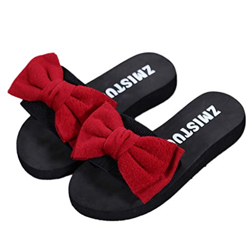 Damen Slider Flache Hausschuhe mit Schleife, Sommer Plateau Strandpantolette Bequeme Sandalen für Urlaub Strand Celucke (Rot, EU39) von Celucke Sandalette