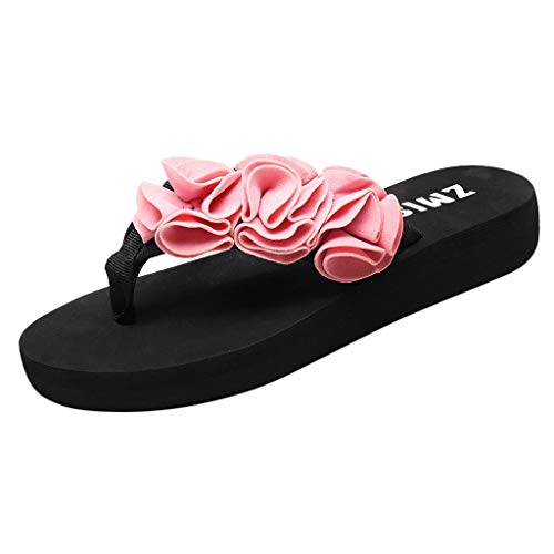 Damen Sommer Bohemia Flach Zehentrenner Sandalen Frauen Flip Flops Zehenstegsandalen Plateau Blume Bequeme für Urlaub Strand Drinnen Celucke (Pink, EU37) von Celucke Sandalette