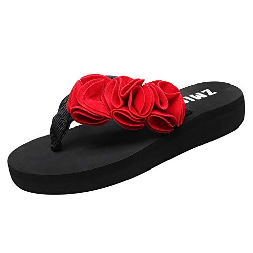 Damen Sommer Bohemia Flach Zehentrenner Sandalen Frauen Flip Flops Zehenstegsandalen Plateau Blume Bequeme für Urlaub Strand Drinnen Celucke (Rot, EU38) von Celucke Sandalette