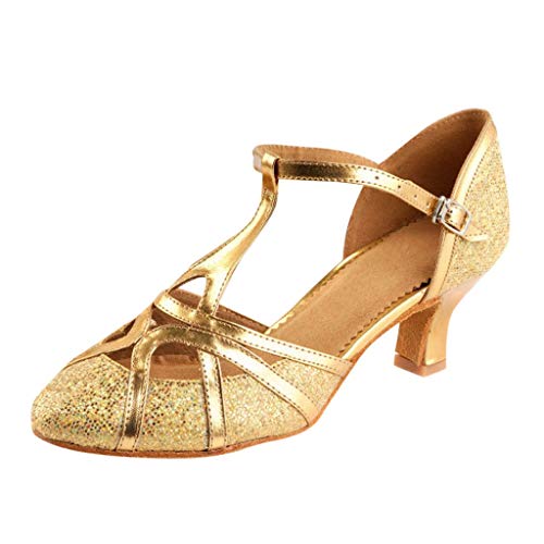 Damen Standard Latein Funkeln Tanzschuhe Frauen Ballsaal Salsa Tango Tanzen Schuhe Hochzeit Abendschuhe Knöchelriemen, Celucke Klassische Pumps Elegante Brautschuhe (Gold, EU37) von Celucke Sandalette