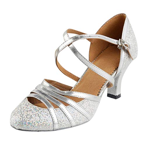 Damen Standard Latein Funkeln Tanzschuhe Frauen Ballsaal Salsa Tango Tanzen Schuhe Hochzeit Abendschuhe Knöchelriemen, Celucke Klassische Pumps Elegante Brautschuhe (Silber, EU40) von Celucke Sandalette