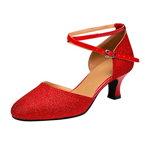 Damen Standard Latein Funkeln Tanzschuhe Frauen Ballsaal Salsa Tango Tanzen Schuhe Knöchelriemen Hochzeit Abendschuhe, Celucke Klassische Pumps Frühling Elegante Brautschuhe (Rot, EU37) von Celucke Sandalette