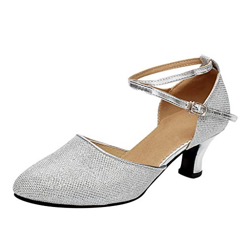 Damen Standard Latein Funkeln Tanzschuhe Frauen Ballsaal Salsa Tango Tanzen Schuhe Knöchelriemen Hochzeit Abendschuhe, Celucke Klassische Pumps Frühling Elegante Brautschuhe (Silber, EU38) von Celucke Sandalette