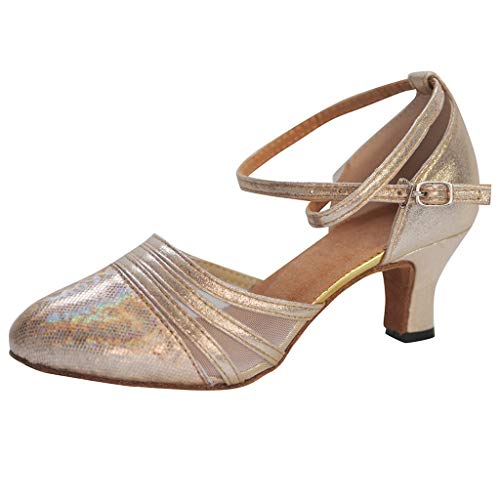 Damen Standard Latein Tanzschuhe Ballsaal Tango Salsa Schuhe Klassische Pumps Elegante Brautschuhe Knöchelriemen Mittelhohe Weicher Boden Schlüpfen für Party Hochzeit Celucke (Beige, EU39) von Celucke Sandalette