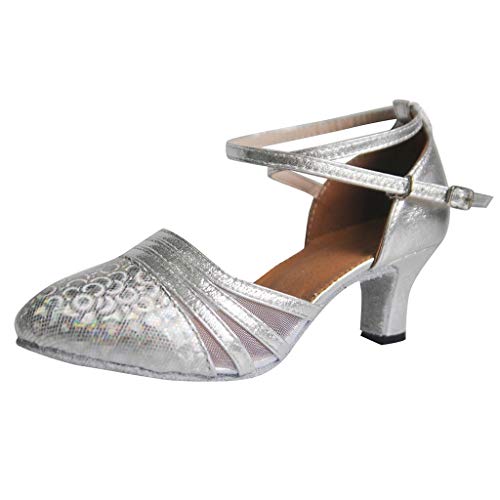 Damen Standard Latein Tanzschuhe Ballsaal Tango Salsa Schuhe Klassische Pumps Elegante Brautschuhe Knöchelriemen Mittelhohe Weicher Boden Schlüpfen für Party Hochzeit Celucke (Silber, EU37) von Celucke Sandalette