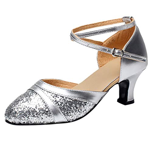 Damen Standard Latein Tanzschuhe Brautschuhe Mittelhohe Knöchelriemen Weicher Boden Atmungsaktiv Schlüpfen, Klassische Pumps Basic Absatzschuhe Frühling Elegante Schuhe (Silber, EU36) von Celucke Sandalette