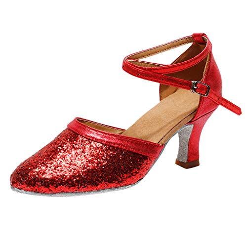 Damen Standard Latein Tanzschuhe Glitzer Mode Elegante Ballsaal Tango Salsa Schuhe Klassische Pumps Brautschuhe Party Hochzeit Weicher Boden Geschlossen Knöchelriemen Celucke (Rot, EU36) von Celucke Sandalette