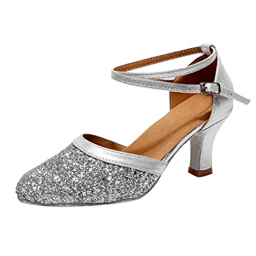 Damen Standard Latein Tanzschuhe Glitzer Mode Elegante Ballsaal Tango Salsa Schuhe Klassische Pumps Brautschuhe Party Hochzeit Weicher Boden Geschlossen Knöchelriemen Celucke (Silber, EU40) von Celucke Sandalette